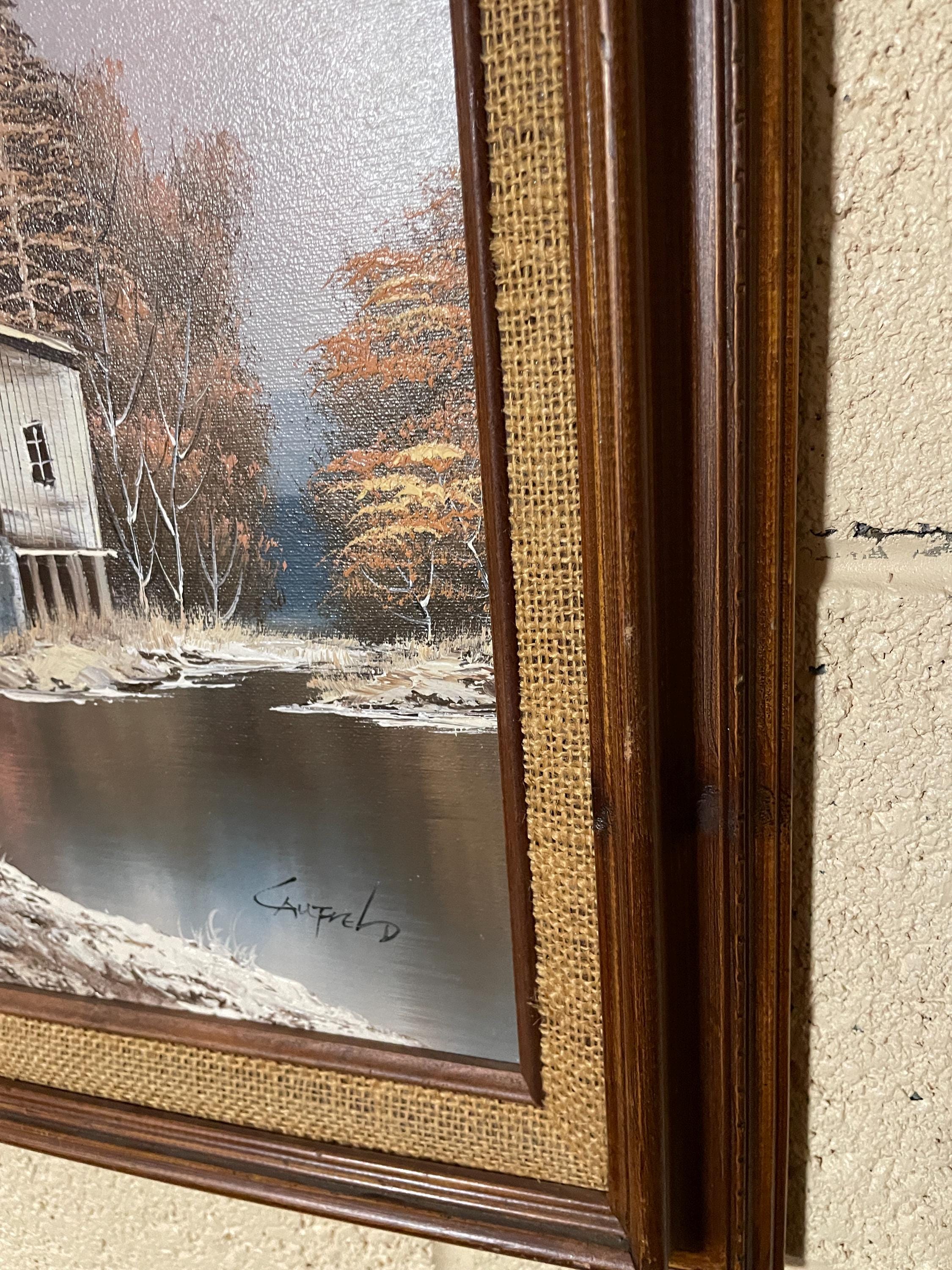 Vintage Autumn Landscape Painting Signed Countryside Mill Scene Rustic Wood Frame Wall Art Cabin Decoration Lake House Style Cozy Charm