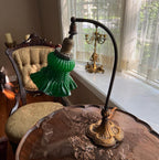 Antique Art Deco Green Ruffle Glass Shade Table Lamp Cast Iron Base French Style Desk Light Early 1900s Lighting Accent Victorian Decoration