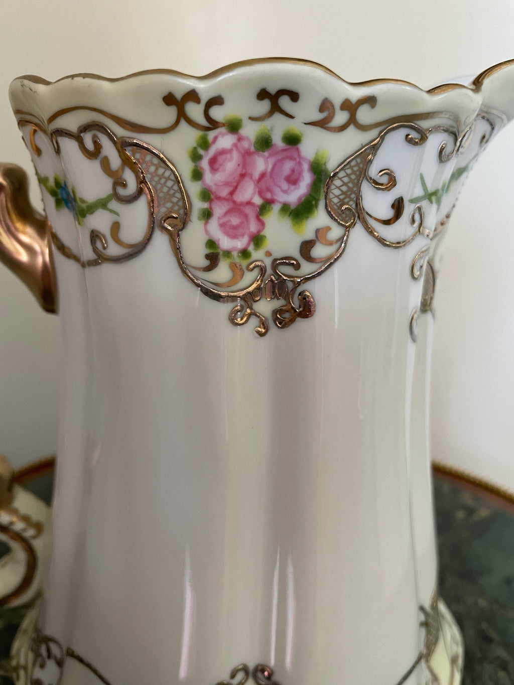 Antique Victorian Floral Hand Painted Porcelain  Pitcher Gold Gilt