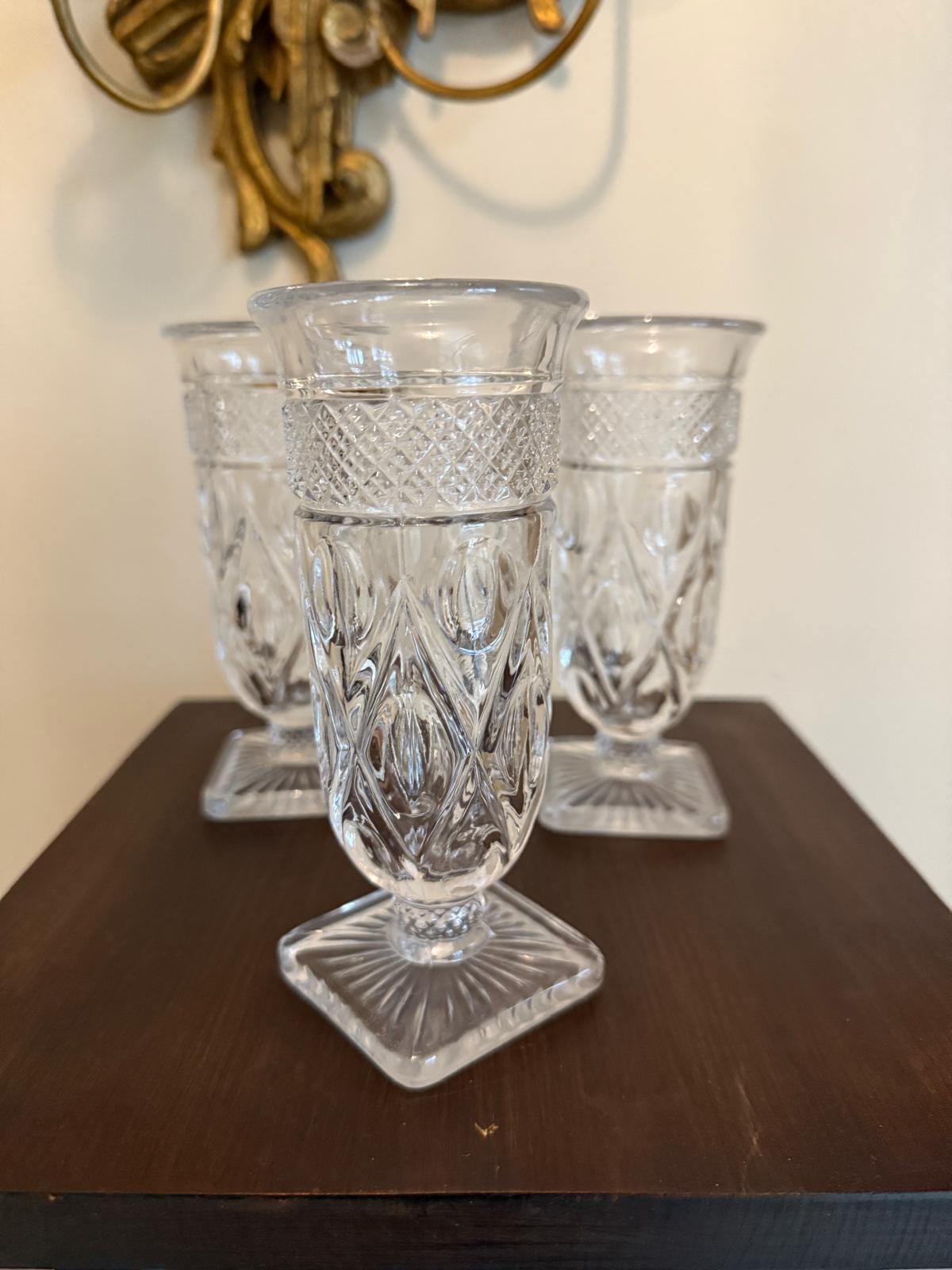 Vintage Clear Pressed Glass Drinkware Set with Mini Pitcher, Elegant Cut Glass Look Set of 8 Goblets & Small Jug Footed Glasses