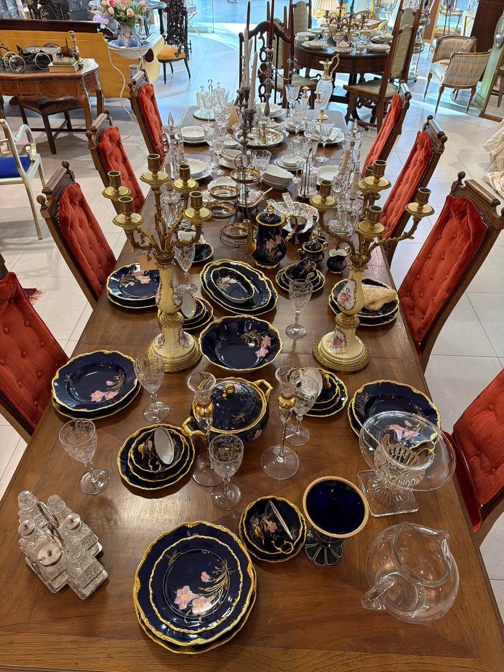 Vintage Cobalt Blue Porcelain Diner Set 22K Gold Hand Painted Bavaria Waldershof Floral Tea Set 12 Place Settings