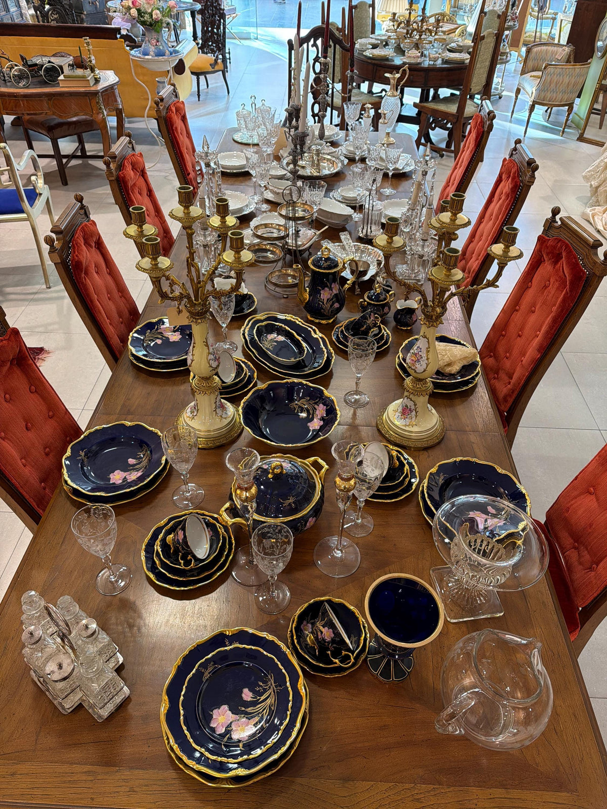 Vintage Cobalt Blue Porcelain Diner Set 22K Gold Hand Painted Bavaria Waldershof Floral Tea Set 12 Place Settings