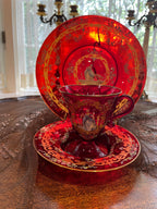 Bohemian Cranberry Glass Demitasse Cup Saucer Plate Set Gold Gilt Hand Painted Portrait Rococo Style Antique Display Tableware Décor