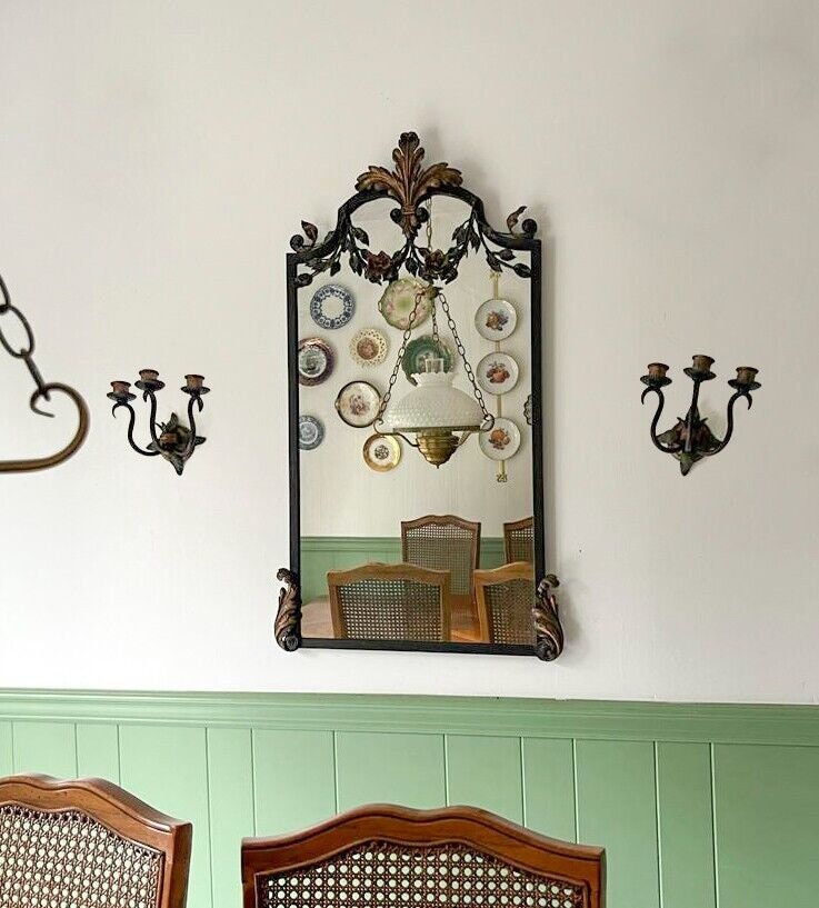 Polychromed Iron Vintage Italian Florentine Style Floral Mirror Wall Sconces Set French Gold Leaf Wrought Iron Decor Elegant Entry Accent