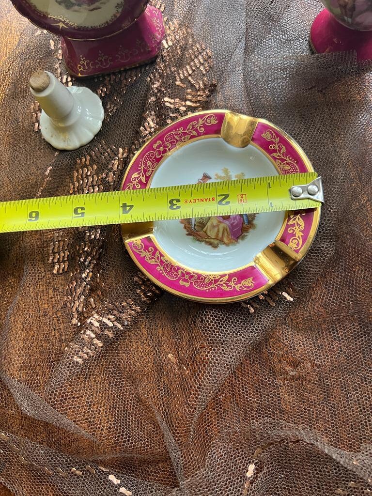 Limoges France Pink Gold Porcelain Perfume Bottle Pitcher Ashtray Set Romantic Scene Rococo Decoration Collectible Vintage Elegant Gift