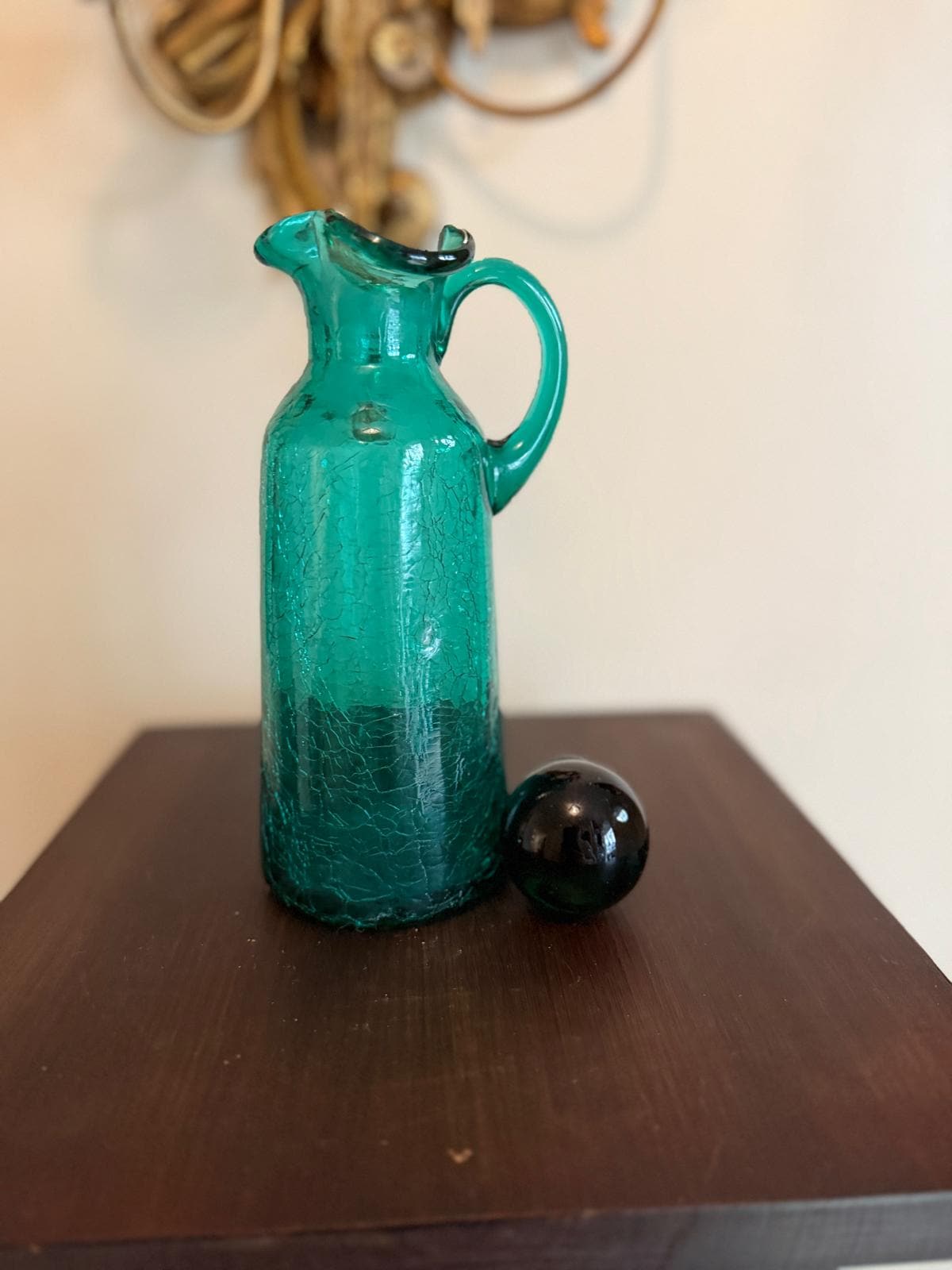 Vintage Crackle Glass Decanter Green Art Glass Pitcher Stopper Bottle Mid Century Barware Teal Emerald Green Crackle Glass Cruet Mid Century