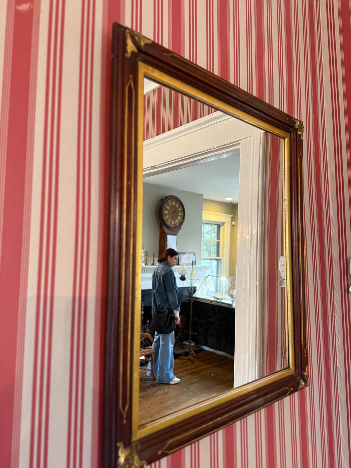 Antique Wooden Wall Mirror Rectangular Gilded Frame Vintage Neoclassical / Empire Style Ornate Gold Corner Accents Classic American Decor