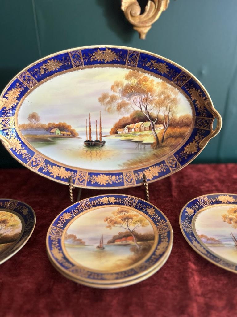 Vintage Japan Porcelain Plate Set Cobalt Blue Gold Trim Scenic Lake Village Landscape Hand Painted Display Art Decor Collectible Elegant