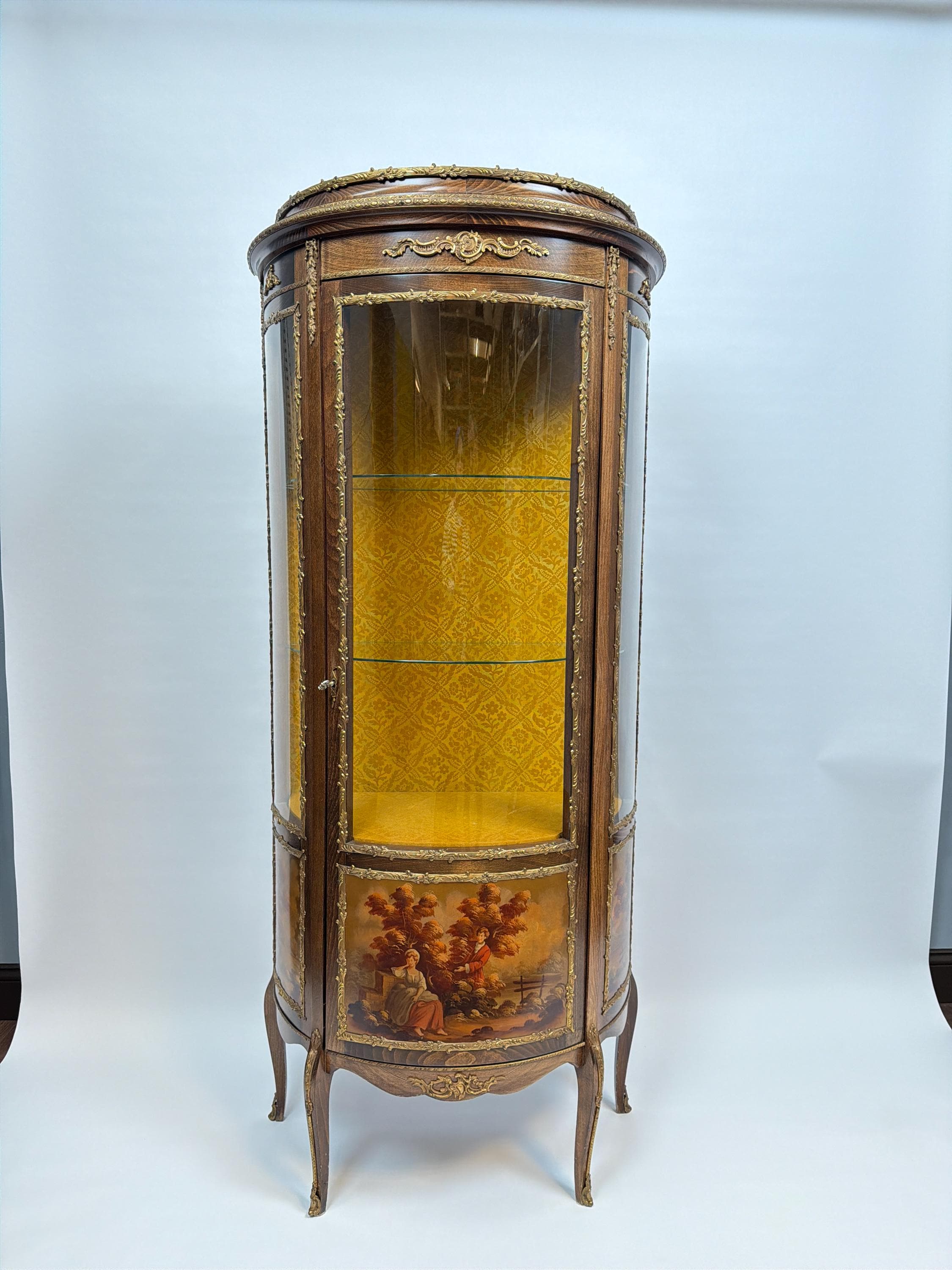 Antique French Louis XV Style Vitrine, Curved Glass Display Cabinet with Hand Painted Panel