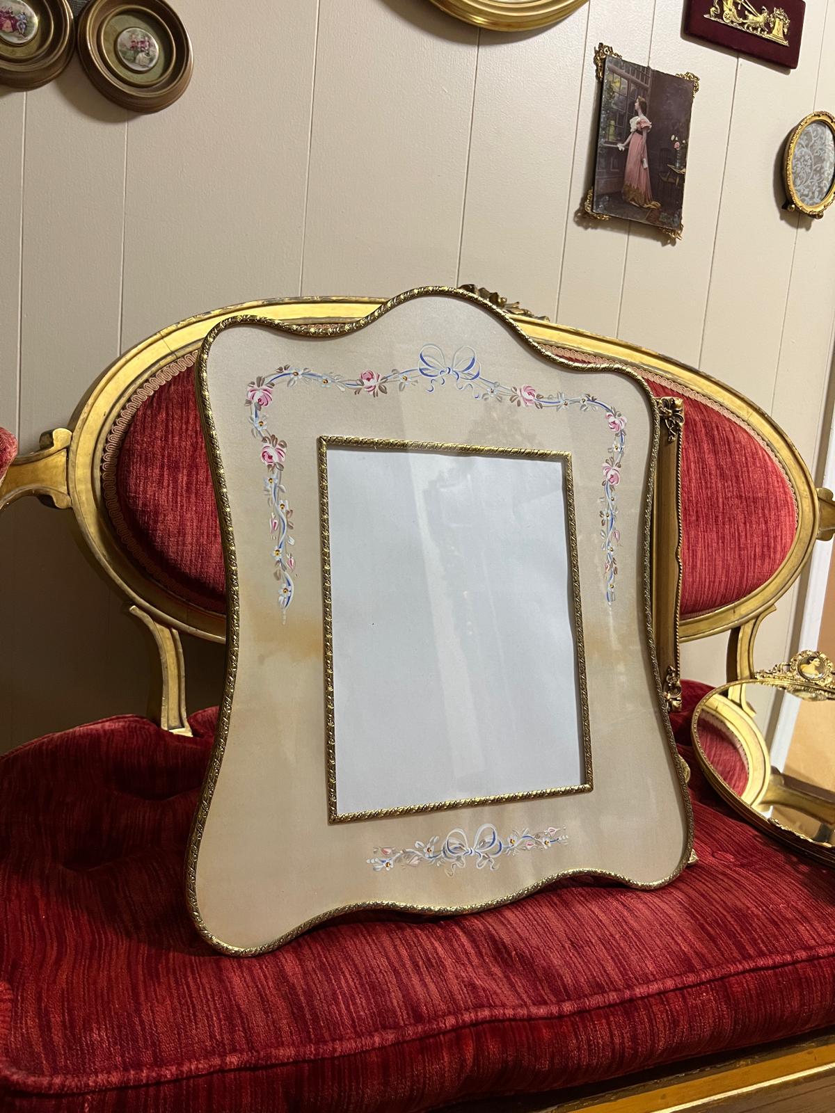 Vintage Floral Painted Picture Frame Elegant Gilded Brass Edging Soft Pastel Colors Victorian Style Decorative Accent Piece for Home Decor