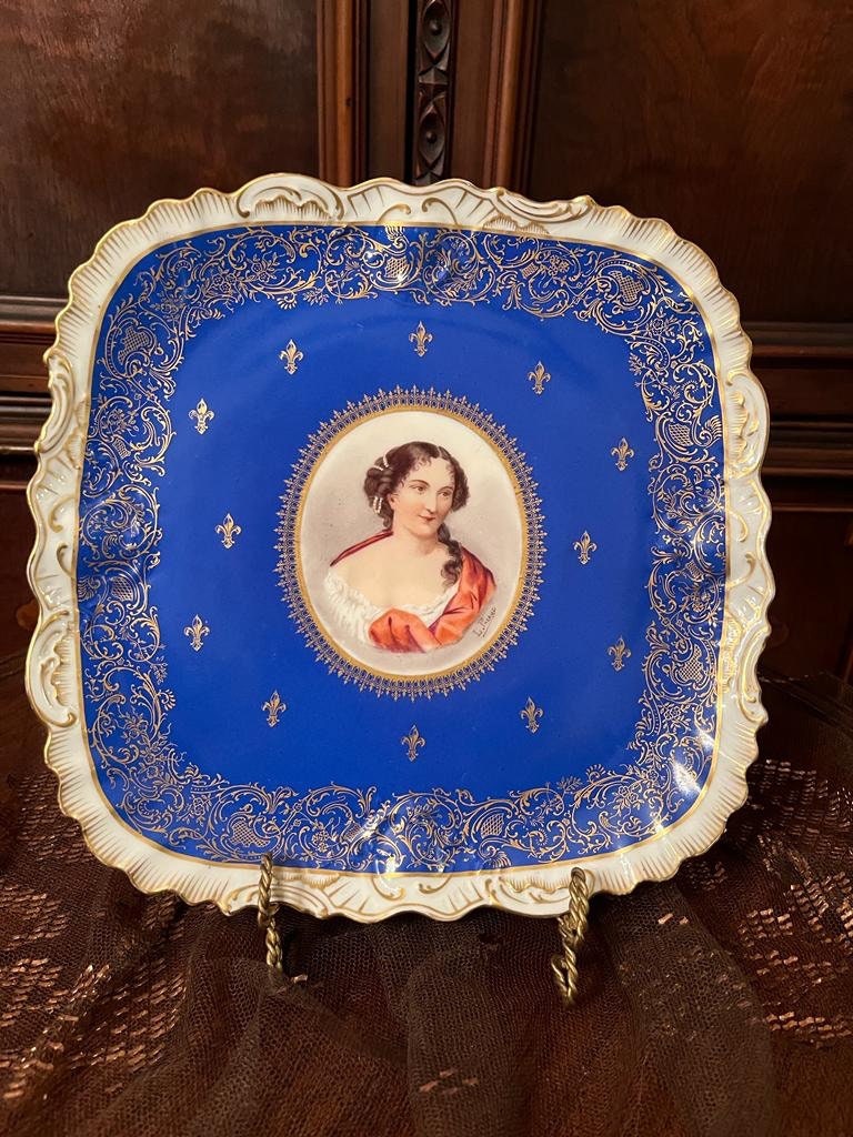 Antique Limoges D&C France Hand Painted Portrait Plate Cobalt Blue Gold Gilded Victorian Lady Elegant Wall Display Art Collectible Decor