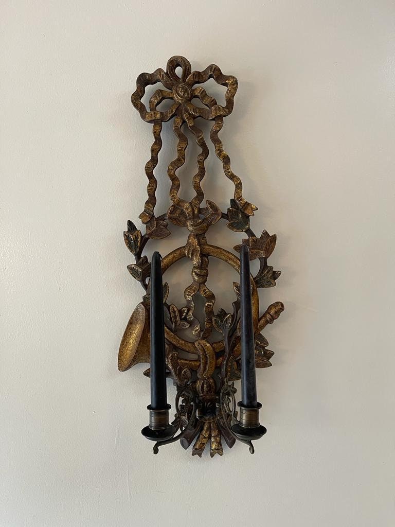 Pair of Early 20th Century Large Gilded Wood 2 Arm Wall Sconces From Italy