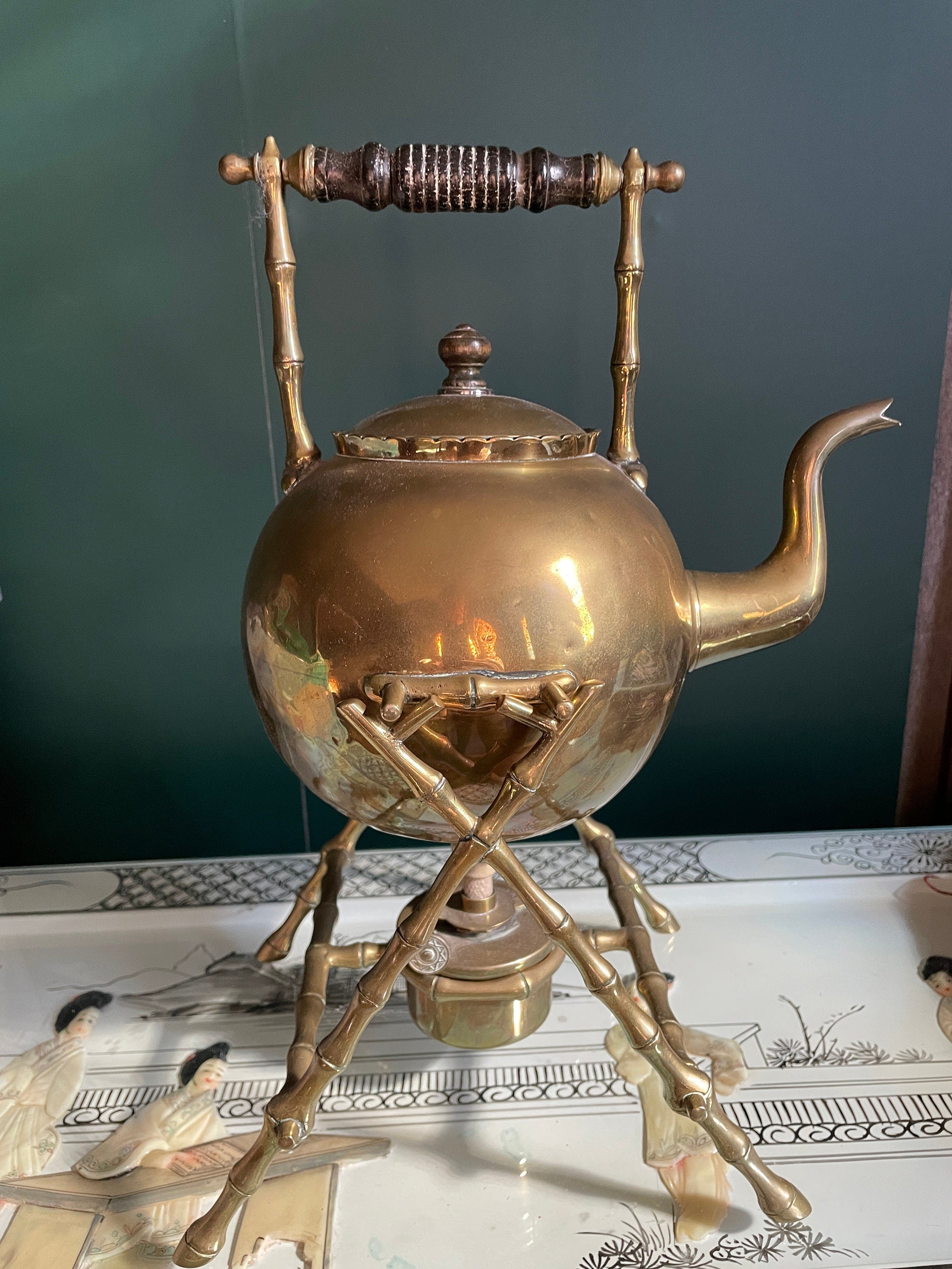 Vintage Brass Kettle On Bamboo Style Stand Unique Burner Teapot With Wooden Handle Mid Century Chafing Dish Decorative Display Piece Antique