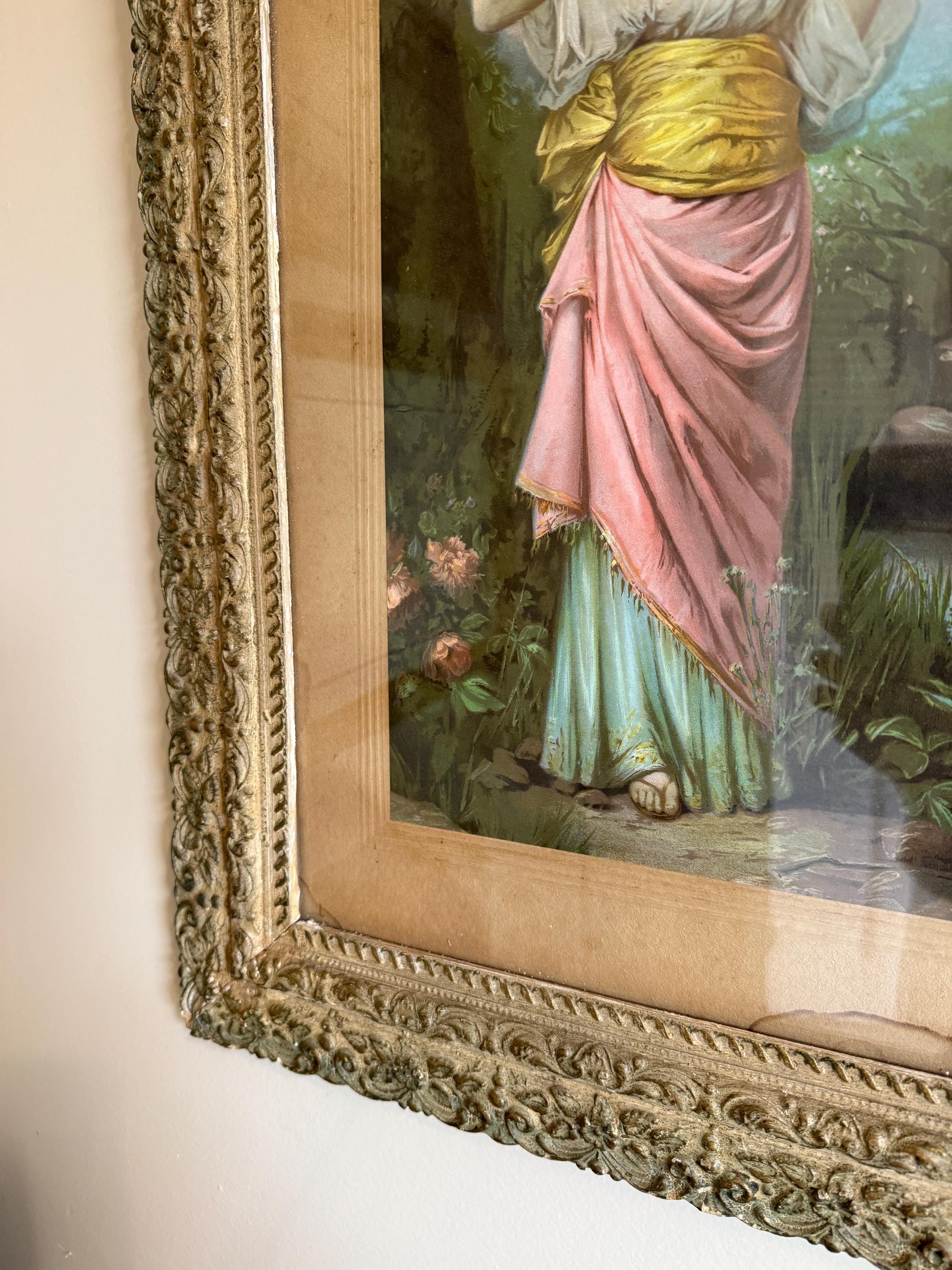 Antique Victorian Woman Paint on Plaque Framed Antique Victorian Framed Print Romantic Woman Flowers Ornate 19th Century Artwork Wall Decor