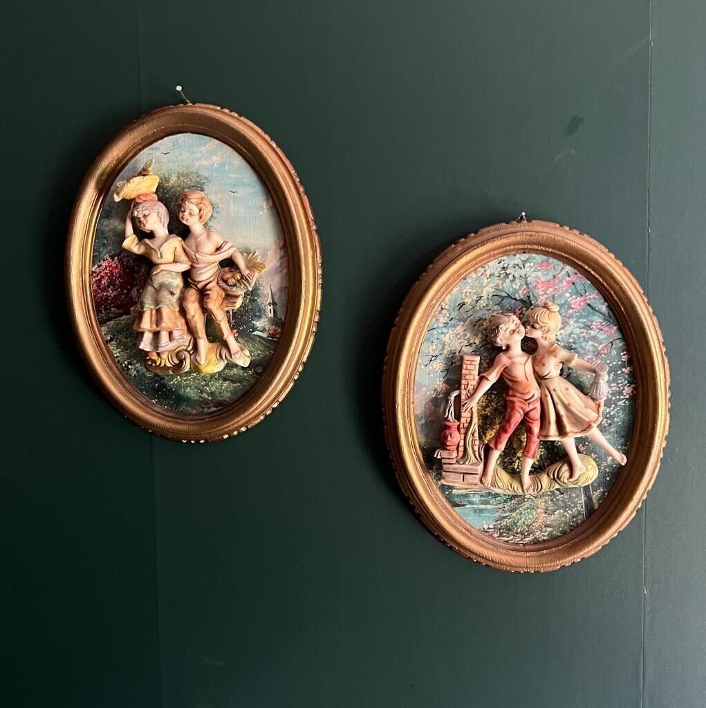 Vintage Italian Empire Style Rococo Wall Plaques Romantic Cherub Couple 3D Relief Art French Country Gold Frame Home Decor Wall Hanging