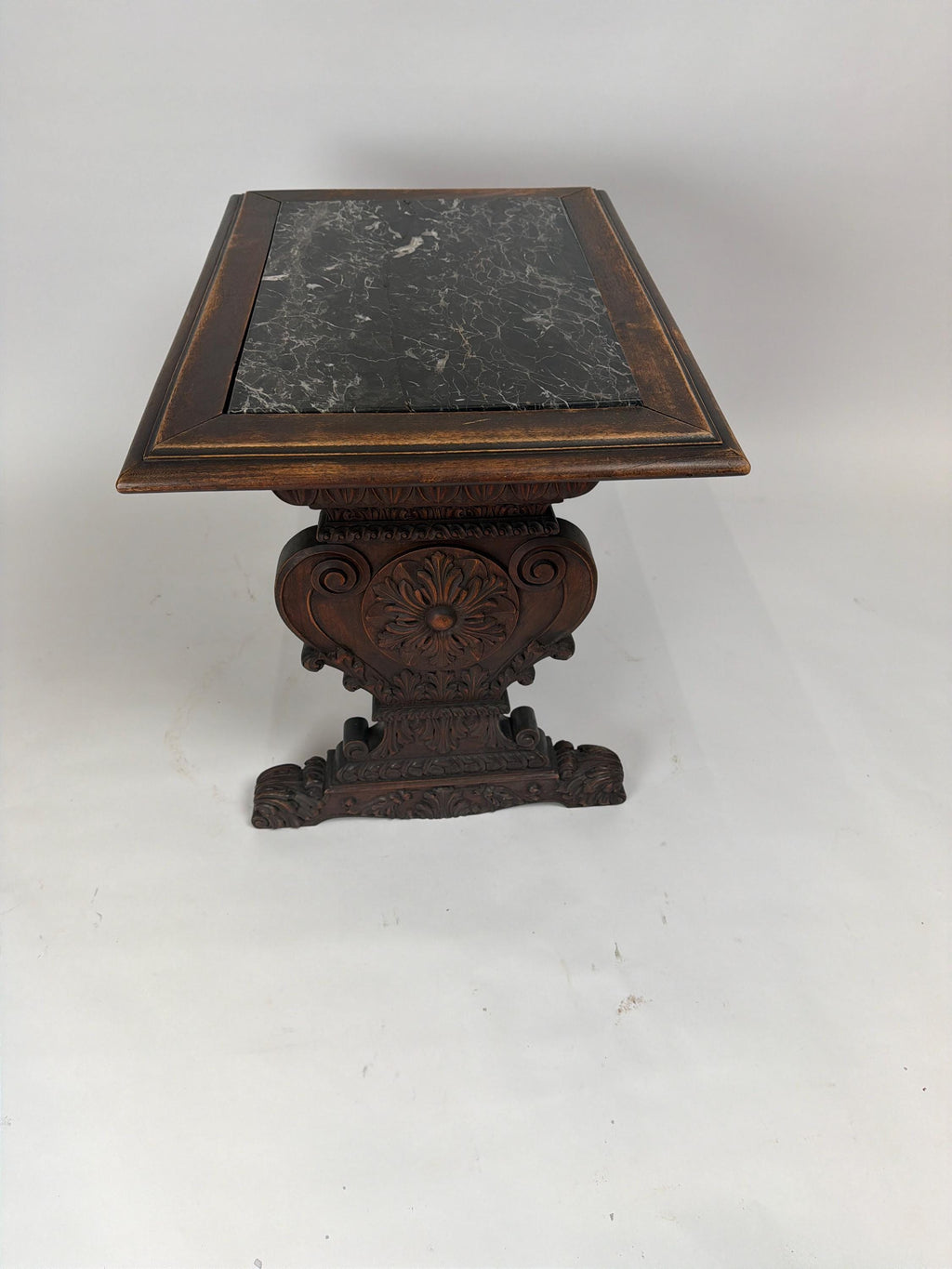 Antique Carved Wood Pedestal Table, Black Marble Top, Victorian Accent Piece