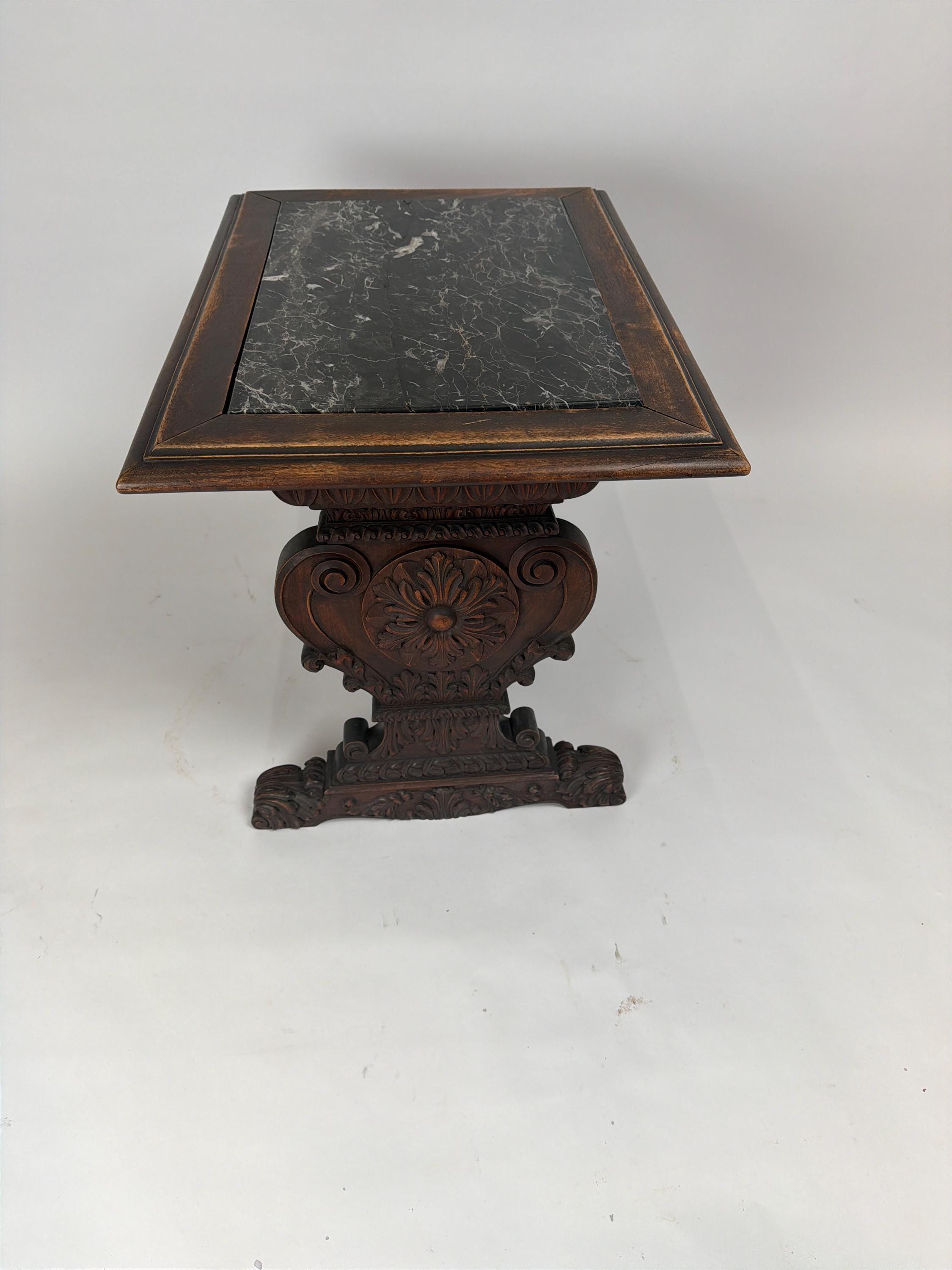 Antique Carved Wood Pedestal Table, Black Marble Top, Victorian Accent Piece