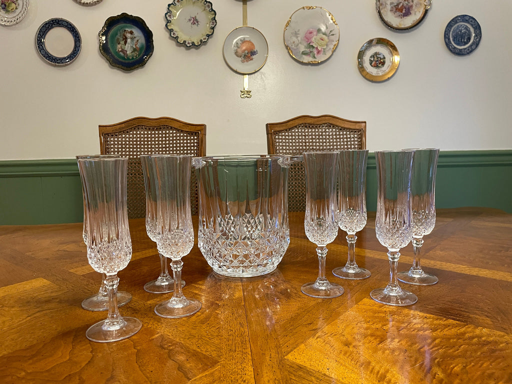 Vintage Footed Tumbler Collectible Glass &Ice Bucket Set 7 Pieces