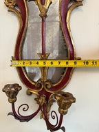 Antique Pair of French Style Rococo Design Wood Wall Candle Sconces Hand-Painted Red & Gold Gilded Pair, Baroque Style Candleholders
