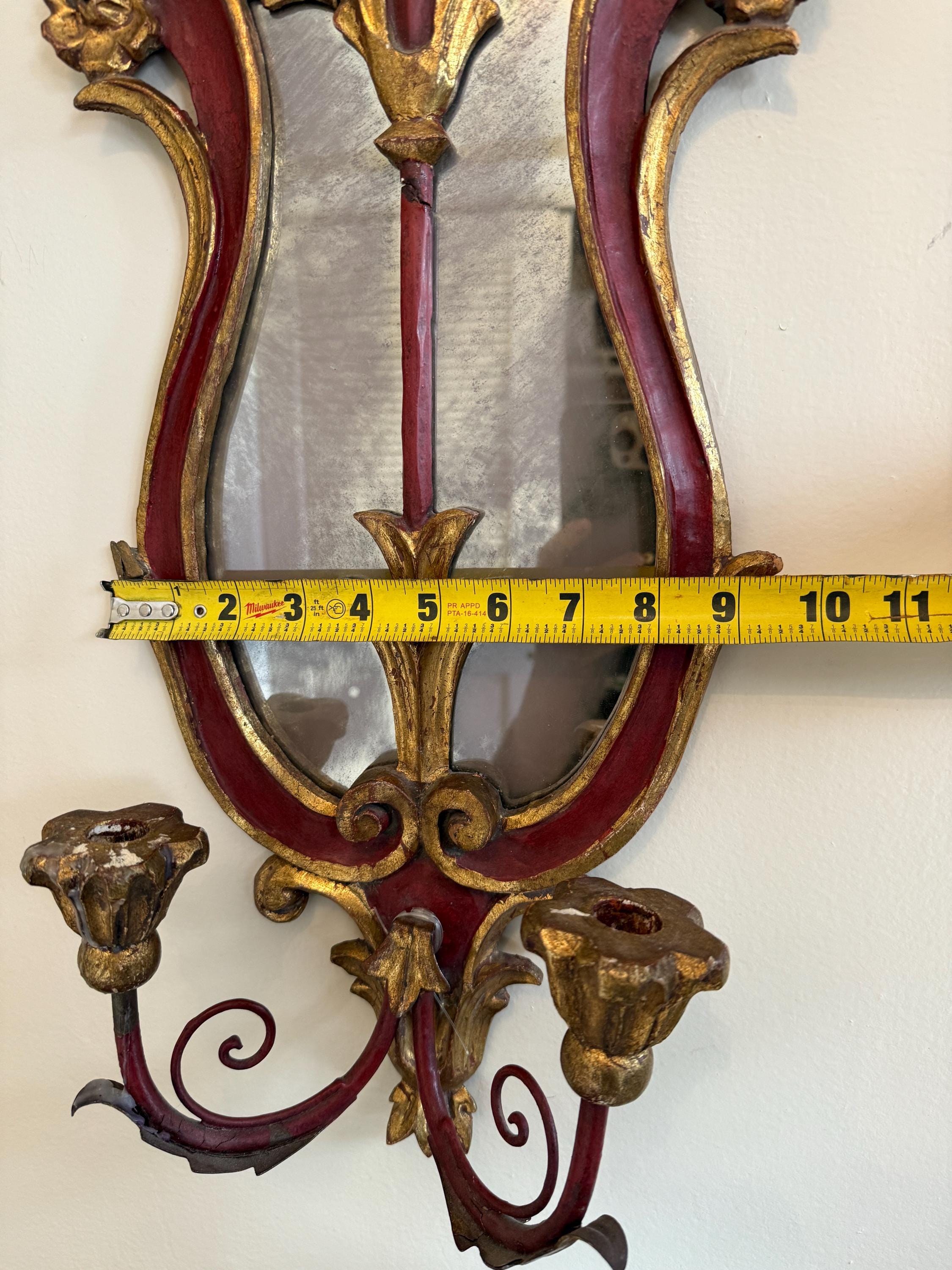 Antique Pair of French Style Rococo Design Wood Wall Candle Sconces Hand-Painted Red & Gold Gilded Pair, Baroque Style Candleholders