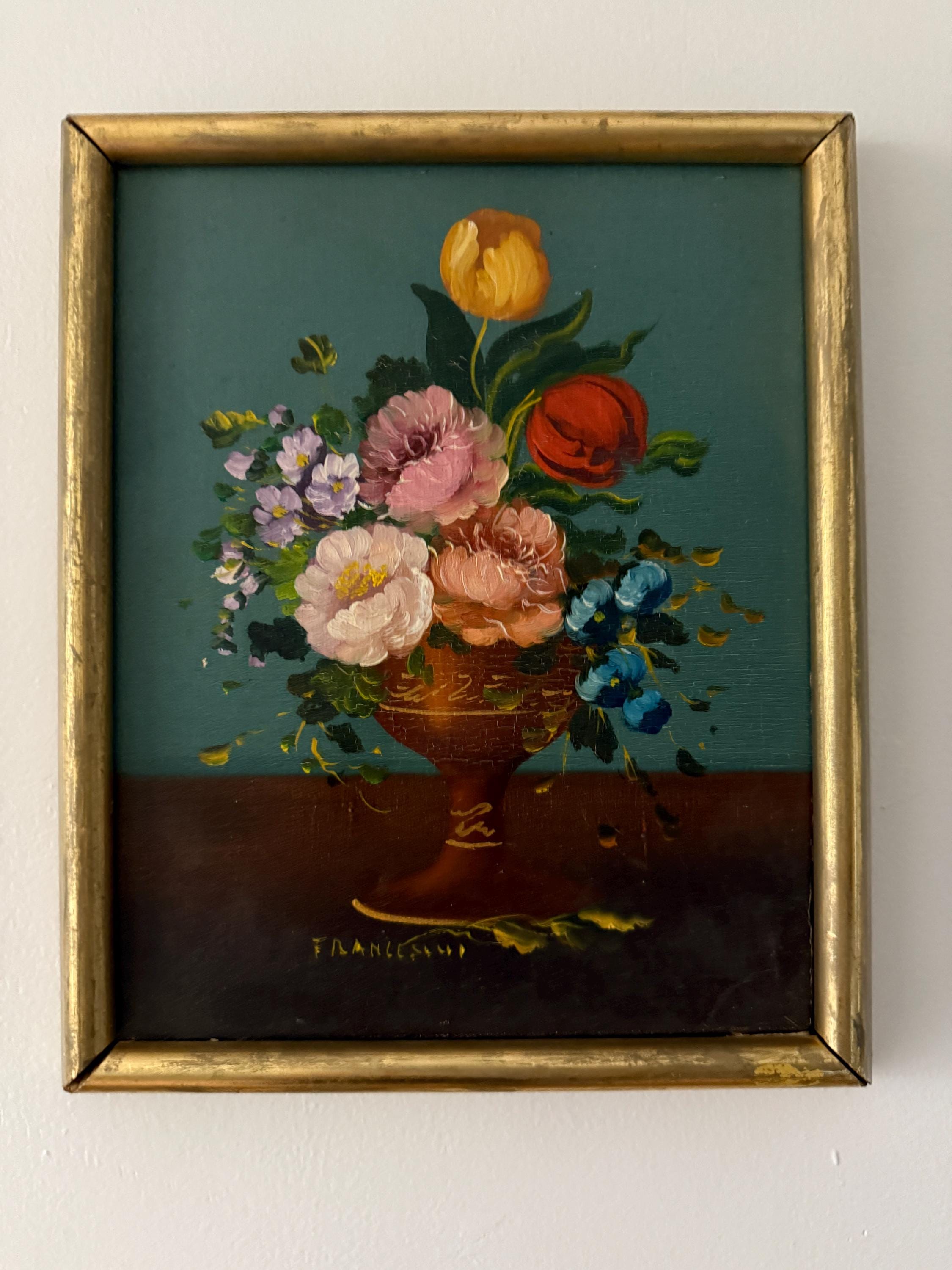 Vintage Floral Oil Painting Wall Art Collectible Signed Artwork Floral Still Life Oil Painting Francesco Wood Gilded Frame European Artwork