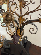 Vintage Wrought Gold Black Iron Electric Candelabra Floral Scroll Base Table Lamp Beige Burlap Shades 3 Lights Ornate Lamp & Shades Elegant