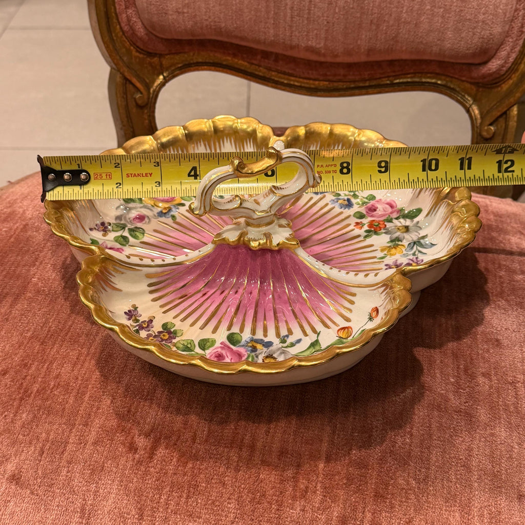 Antique German Hand-Painted Floral Gilt Porcelain Serving Dish, Rococo Candy Bowl
