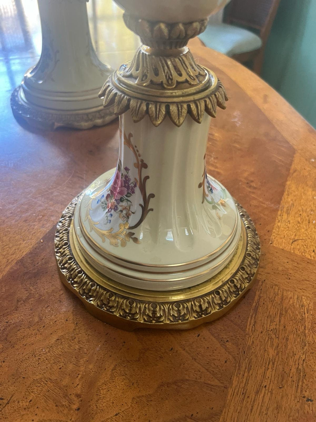 Antique French Candelabra Pair Porcelain Floral Gilt Bronze Five Arm Candle Holders Rococo Style Elegant Table Mantel Centerpiece Decor