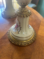 Antique French Candelabra Pair Porcelain Floral Gilt Bronze Five Arm Candle Holders Rococo Style Elegant Table Mantel Centerpiece Decor