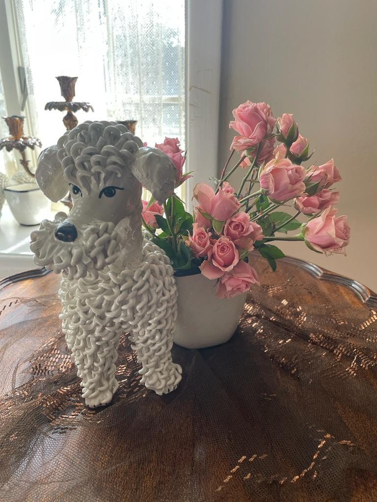 Vintage White Poodle Dog Planter Ceramic Mid Century Modern Animal Pot Whimsical Home Decoration French Poodle Flower Vase Unique Gift Idea
