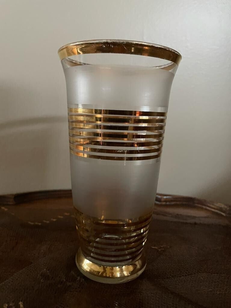 Vintage Gold Striped Frosted Glassware Set Mid Century Barware Elegant Tumblers Hollywood Regency Home Decoration Drinkware Display Piece