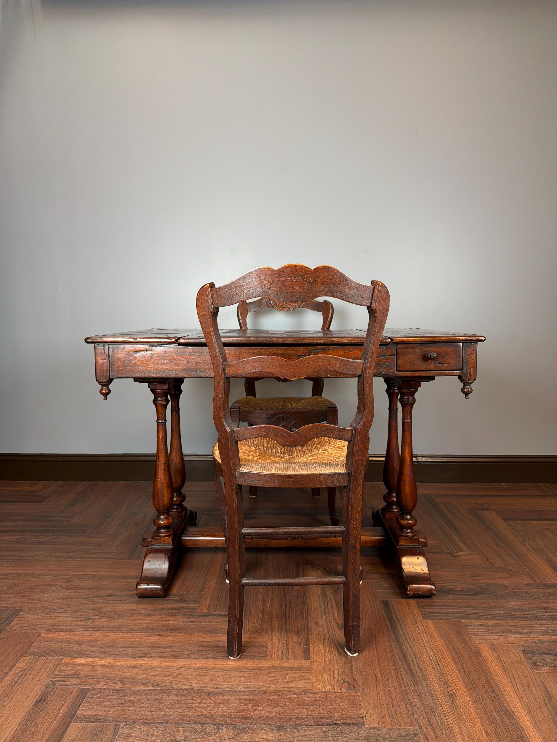 Antique Handcarved Walnut Chess Table, Backgammon Game by Theodore Alexander