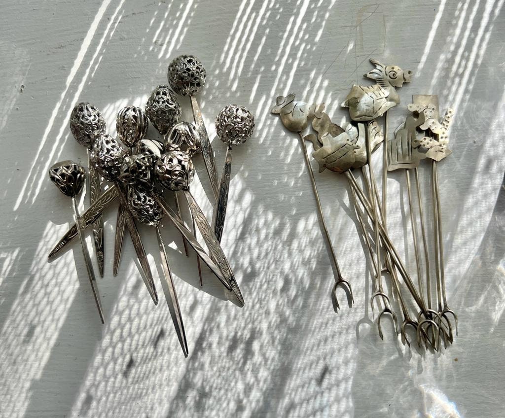 Vintage Sterling Silver Hors d’Oeuvre Cocktail Forks and Picks Set in Glass Basket Mid Century Barware Party Decor Kitchen Collectible