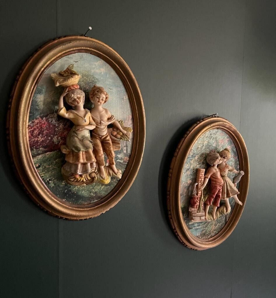 Vintage Italian Empire Style Rococo Wall Plaques Romantic Cherub Couple 3D Relief Art French Country Gold Frame Home Decor Wall Hanging