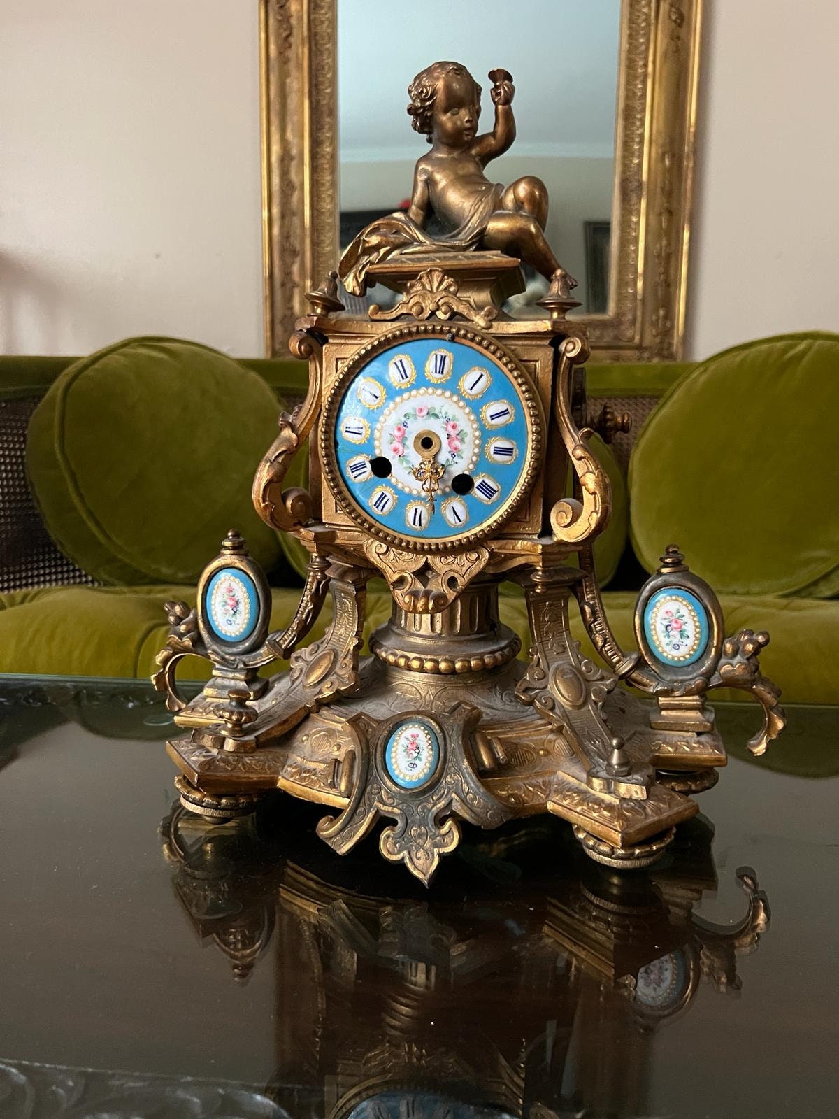 Antique French Bronze Cherub Mantel Clock Blue Porcelain Accents Rococo Gilt Rare Old Home Decor Unique Collectible Table Decoration