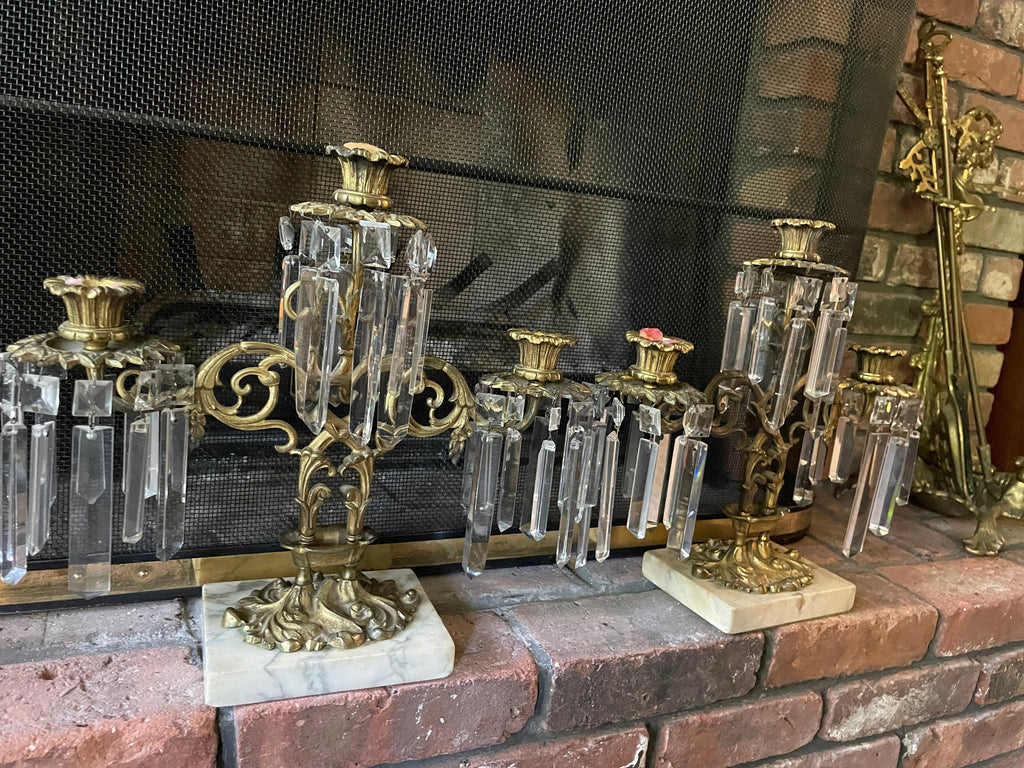 Pair of Antique French Empire Gilt Bronze Crystal Candelabras Elegant 6 Arm Candlesticks Stunning Mantel Decor Circa 1850 Rare Find Elegance