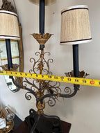 Vintage Wrought Gold Black Iron Electric Candelabra Floral Scroll Base Table Lamp Beige Burlap Shades 3 Lights Ornate Lamp & Shades Elegant