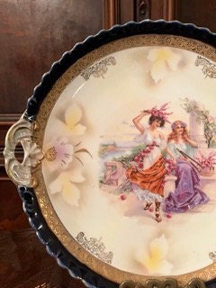 Antique Hand Painted Collectible  Wall Art Plate with Handled.Made in Germany.Free Shipping