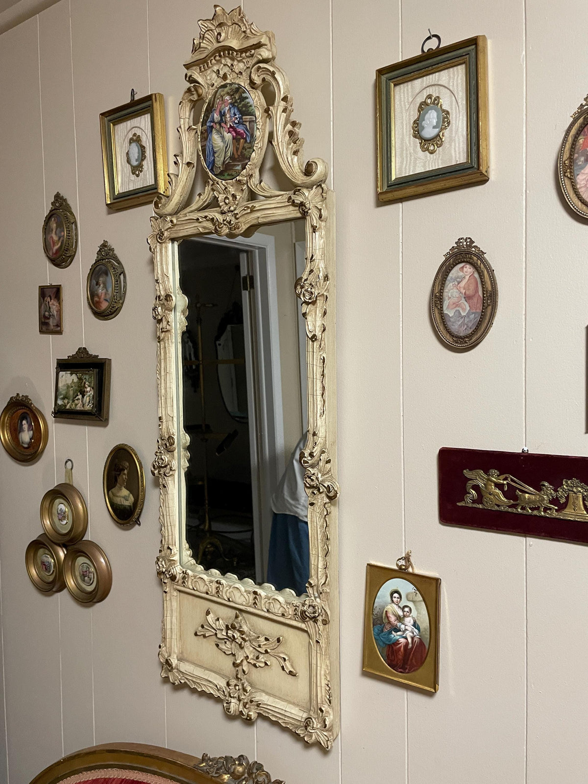Antique French Rococo Mirror Large Hand Painted Porcelain Plaque Gilt Carved Wood Frame Ornate Wall Mirror Vintage French Home Decor