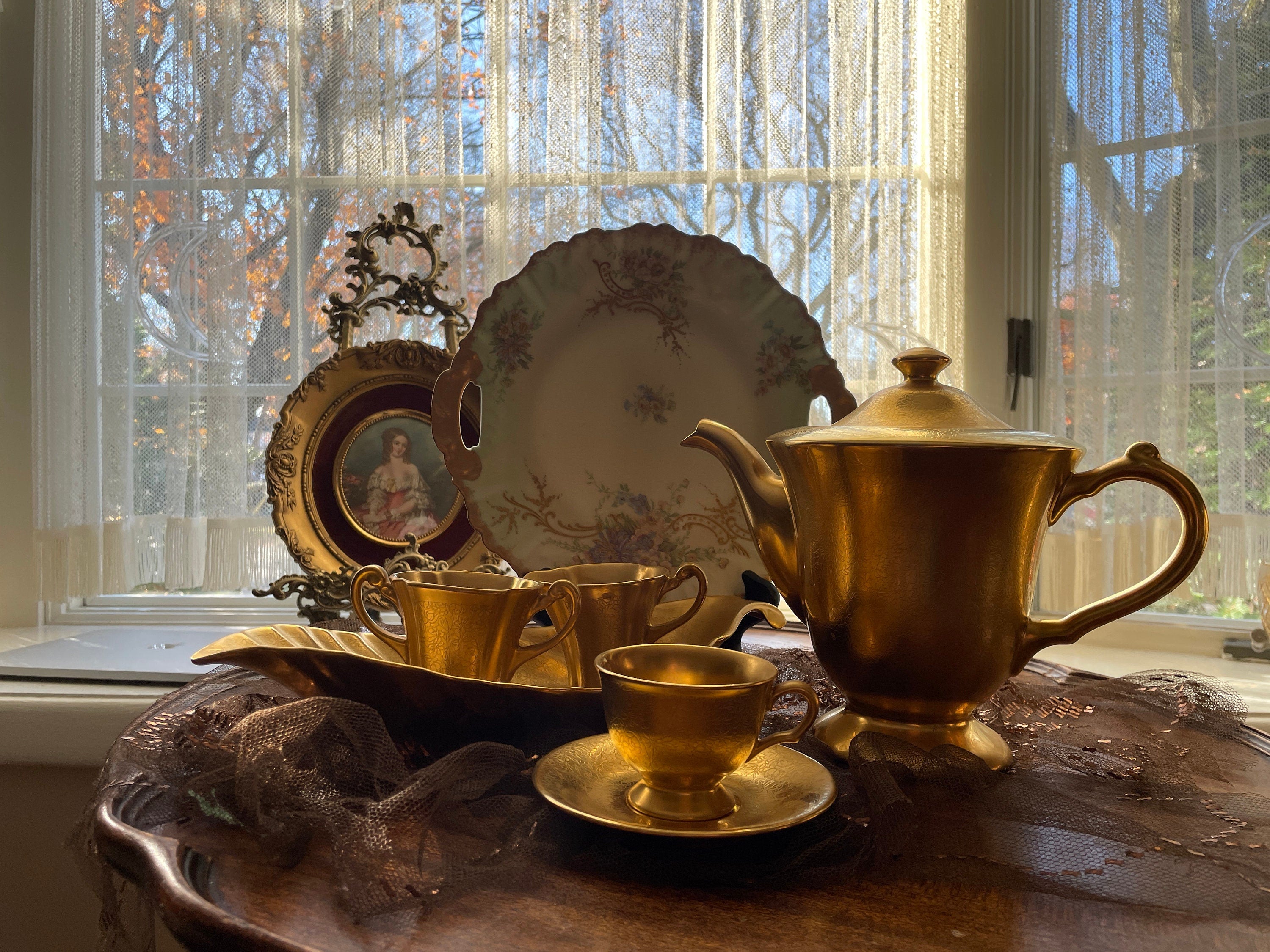 Vintage Gold Lusterware Tea Set Porcelain Coffee Pot Cups Creamer Sugar Bowl Tray Mid Century Elegant Display Collectible Japan Decoration