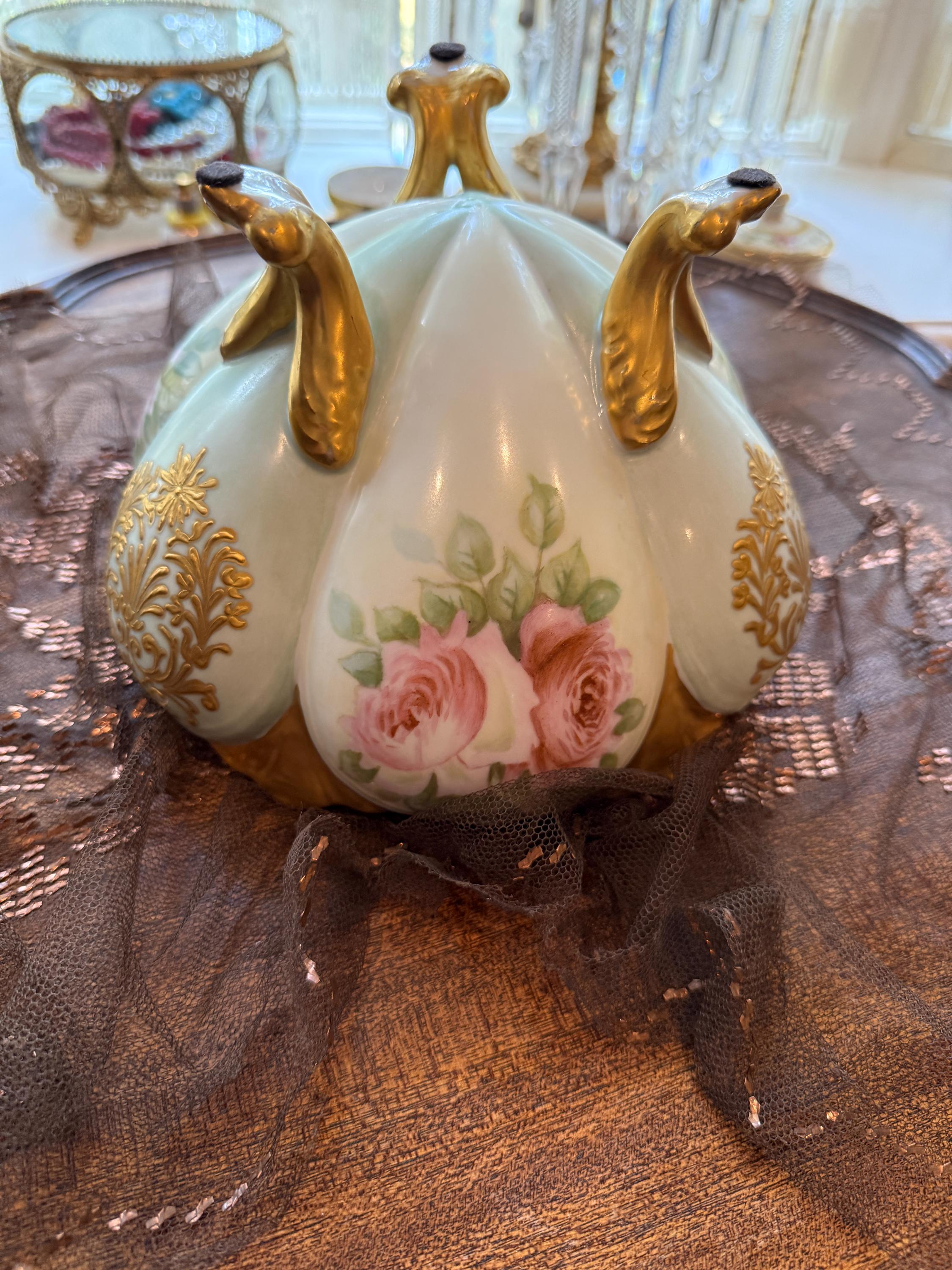 Hand-Painted French Porcelain Footed Bowl with Gold Accents, Vintage Decorative Centerpiece Fruit Bowl  Serving Dish Gold Pink Floral Dish