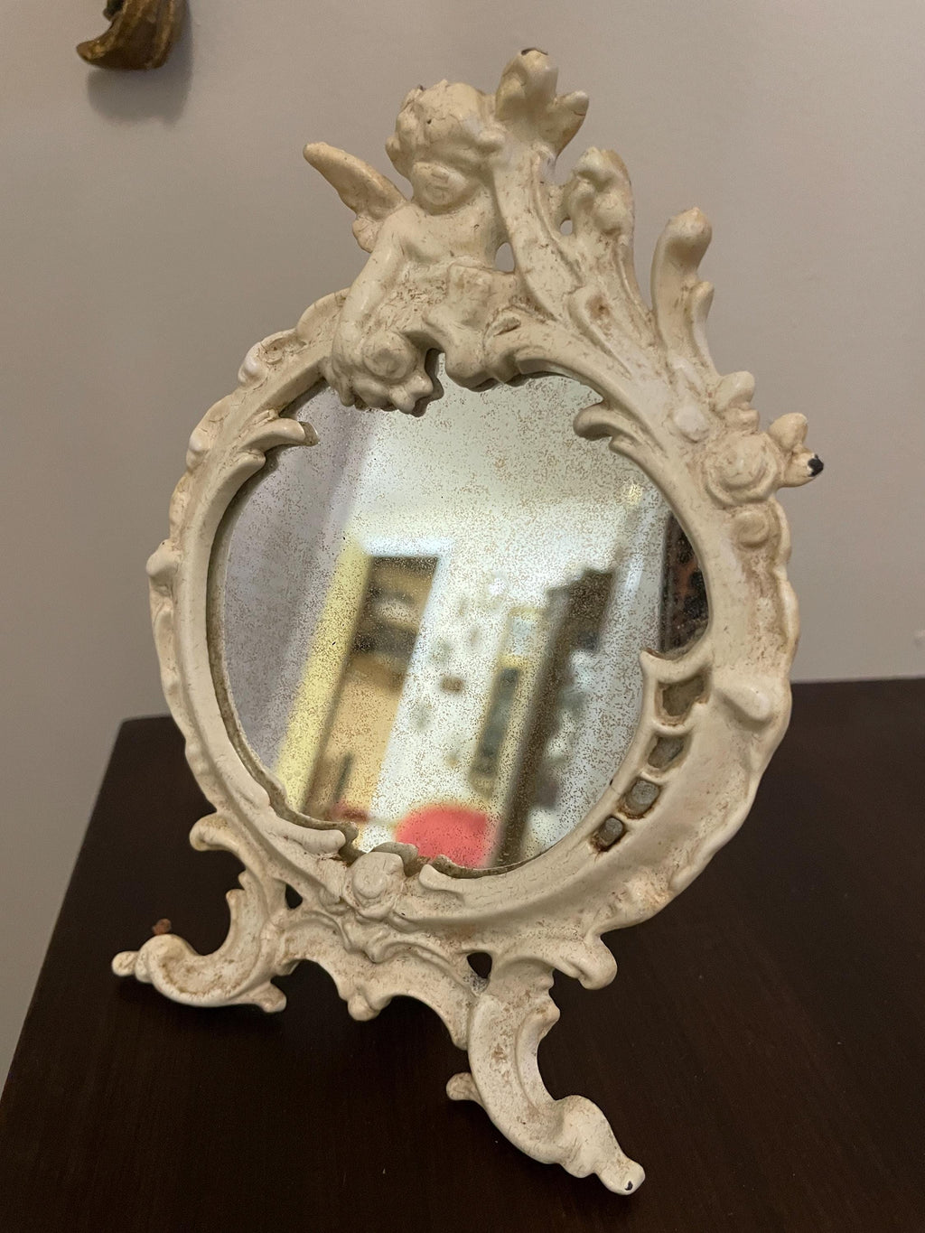 Vintage Ornate Tabletop with Cherub Accent Rococo Style Distressed White Finish Collectible Vanity Deco Antique Inspired Design Mirror