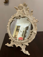 Vintage Ornate Tabletop with Cherub Accent Rococo Style Distressed White Finish Collectible Vanity Deco Antique Inspired Design Mirror