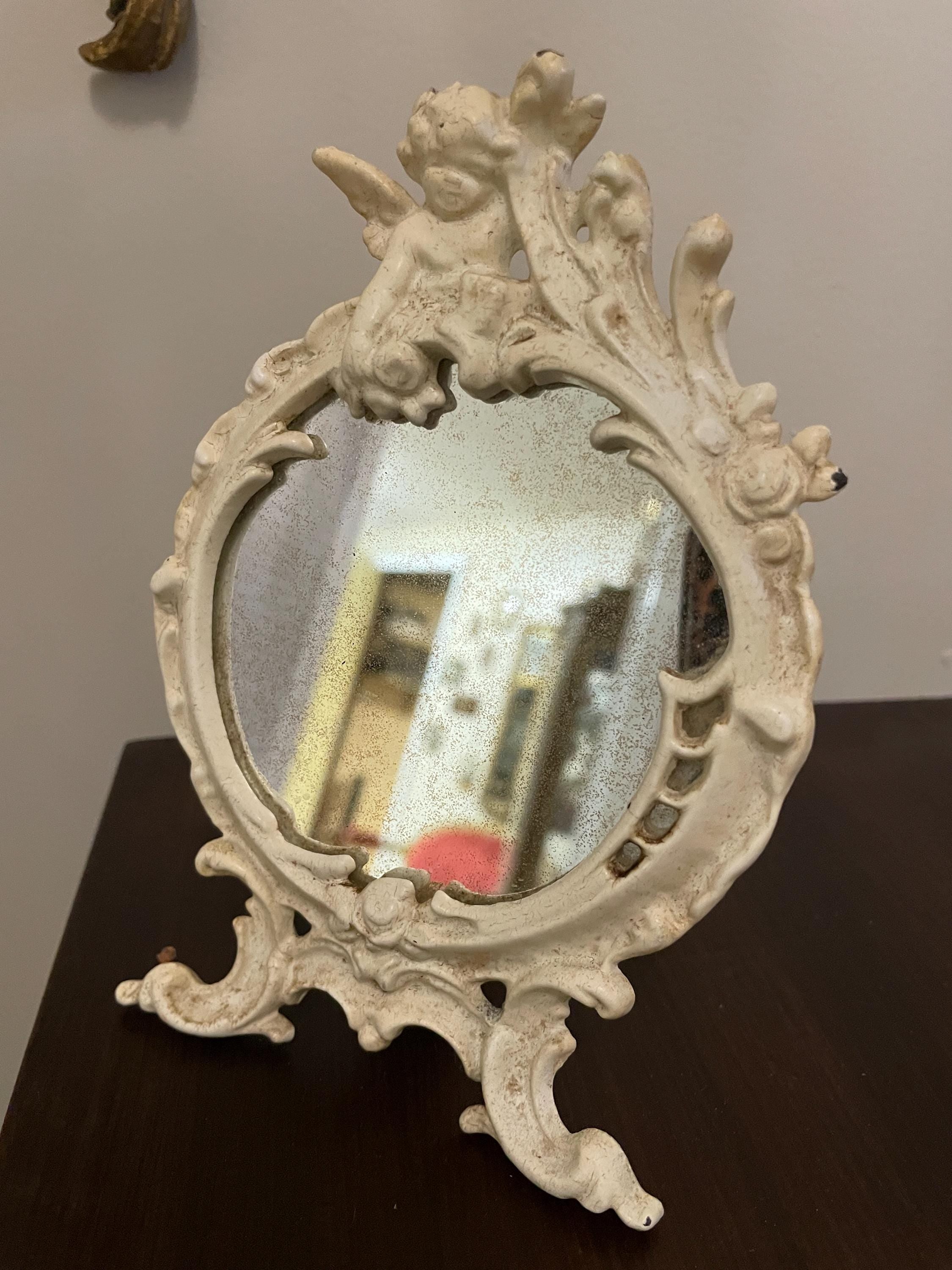 Vintage Ornate Tabletop with Cherub Accent Rococo Style Distressed White Finish Collectible Vanity Deco Antique Inspired Design Mirror