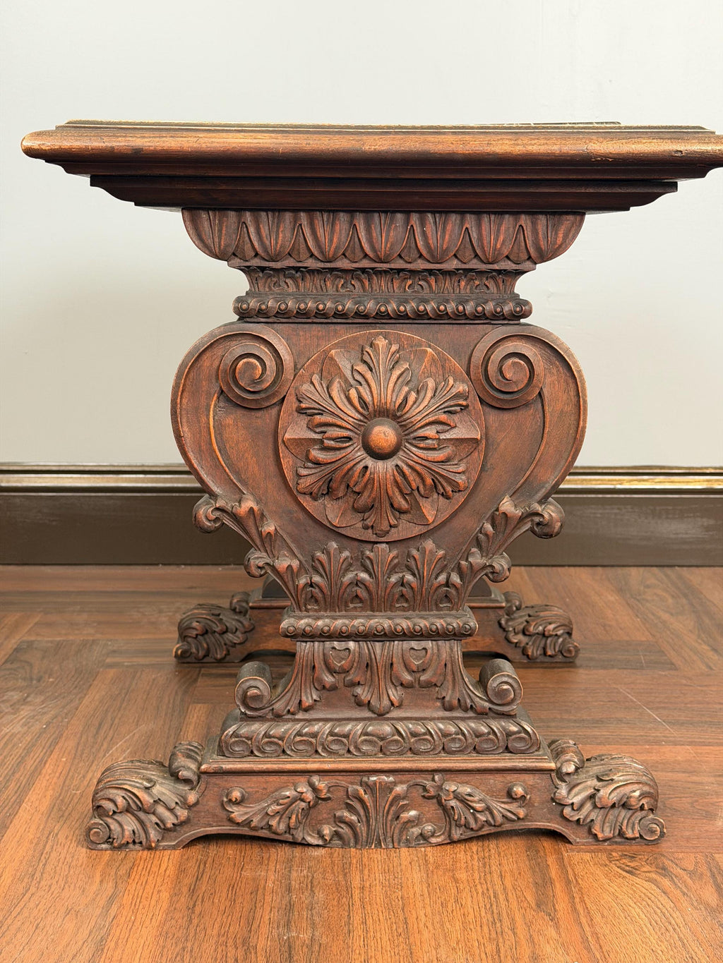 Antique Carved Wood Pedestal Table, Black Marble Top, Victorian Accent Piece