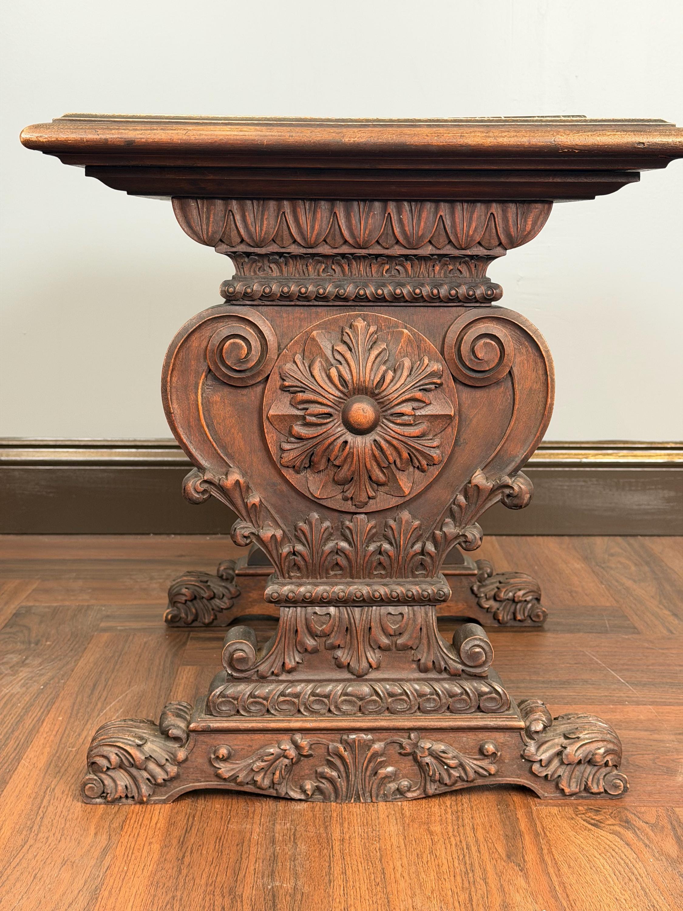 Antique Carved Wood Pedestal Table, Black Marble Top, Victorian Accent Piece