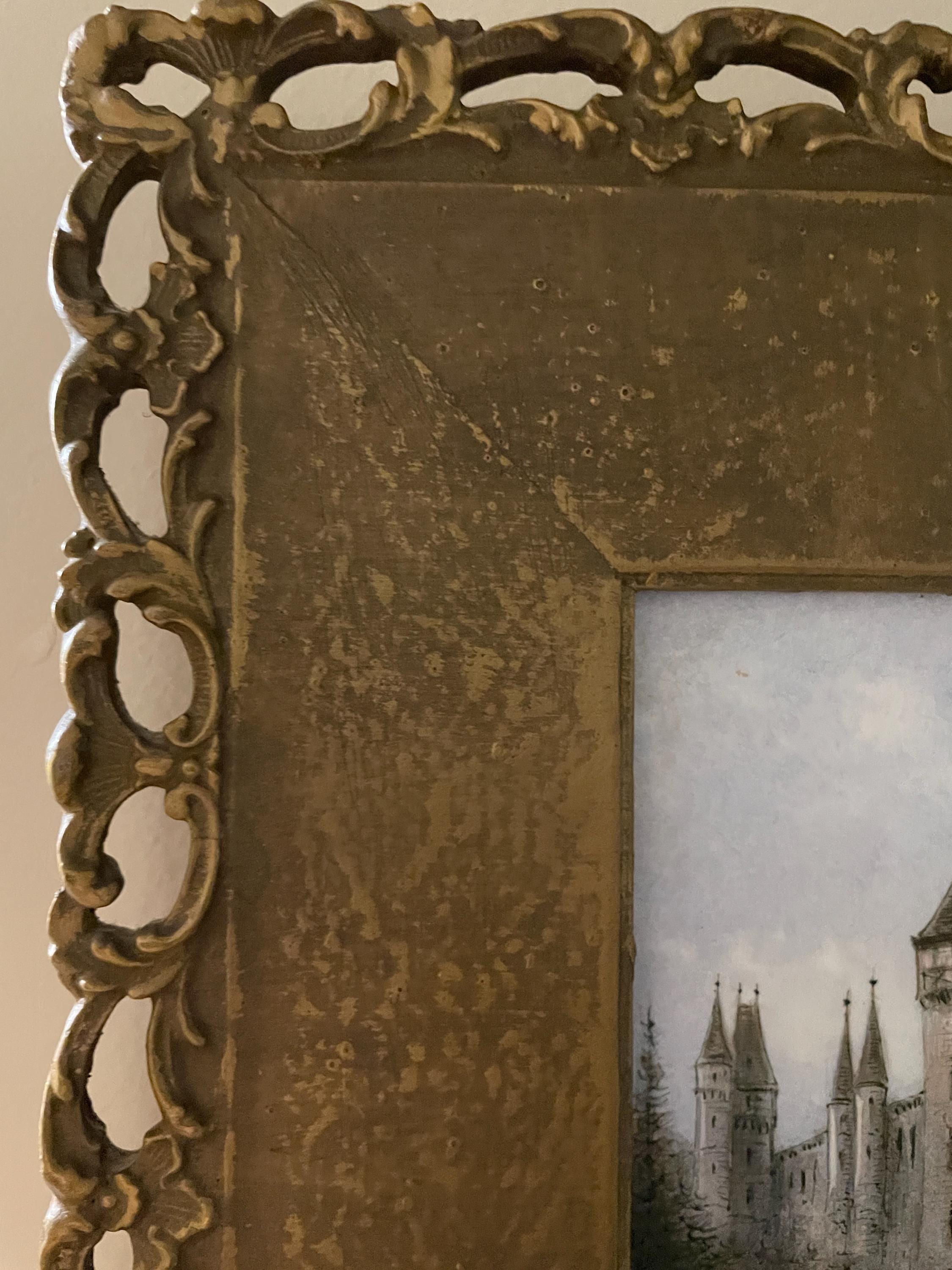 Vintage Hand-Painted Castle Scene Ornate Gold Gilded Frame Romantic Artwork Signed Collectible Architectural Landscape Wall Decor