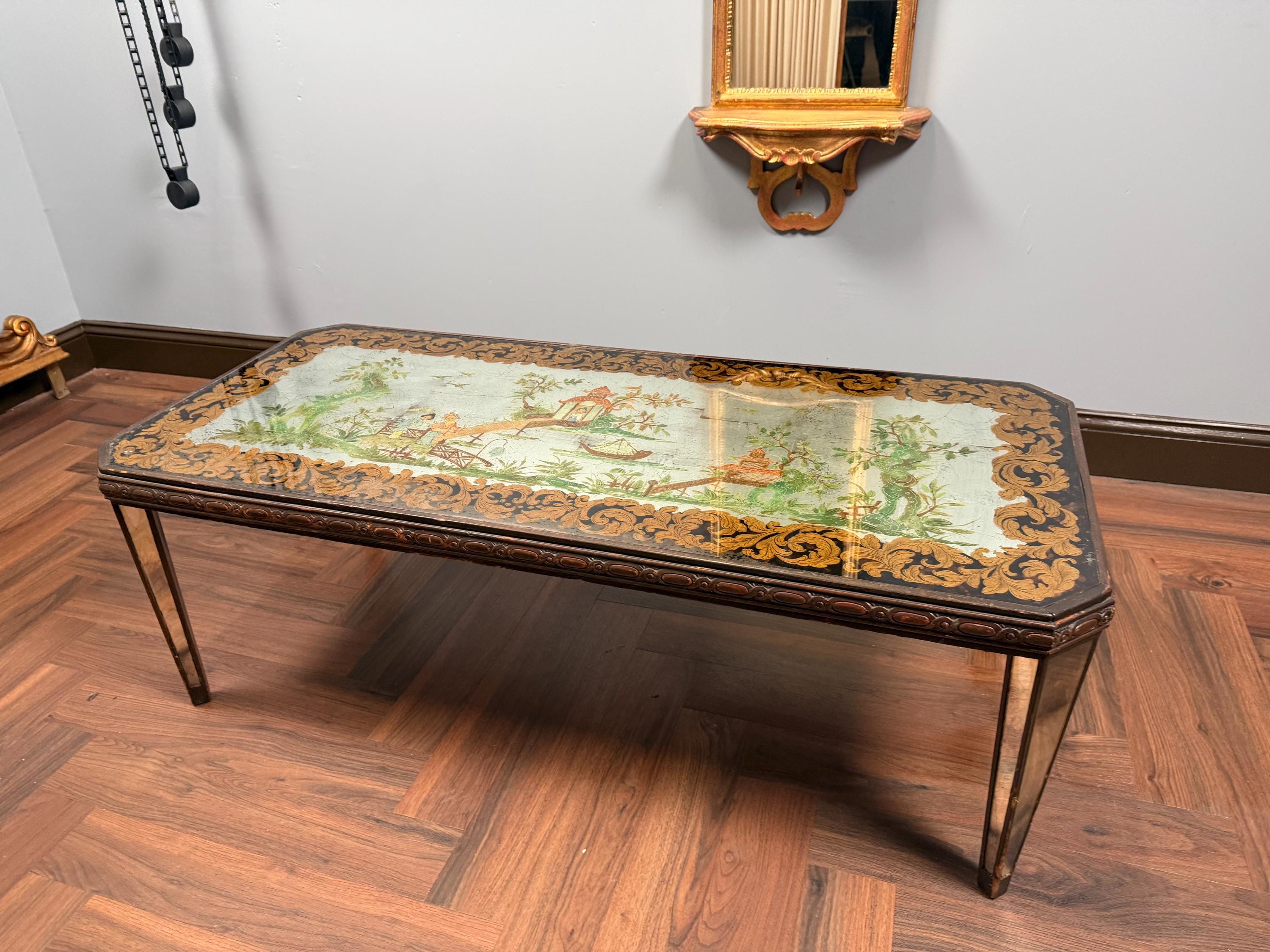 Vintage Italian Chinoiserie Coffee Table, Hand Painted Asian Scenic Glass Top