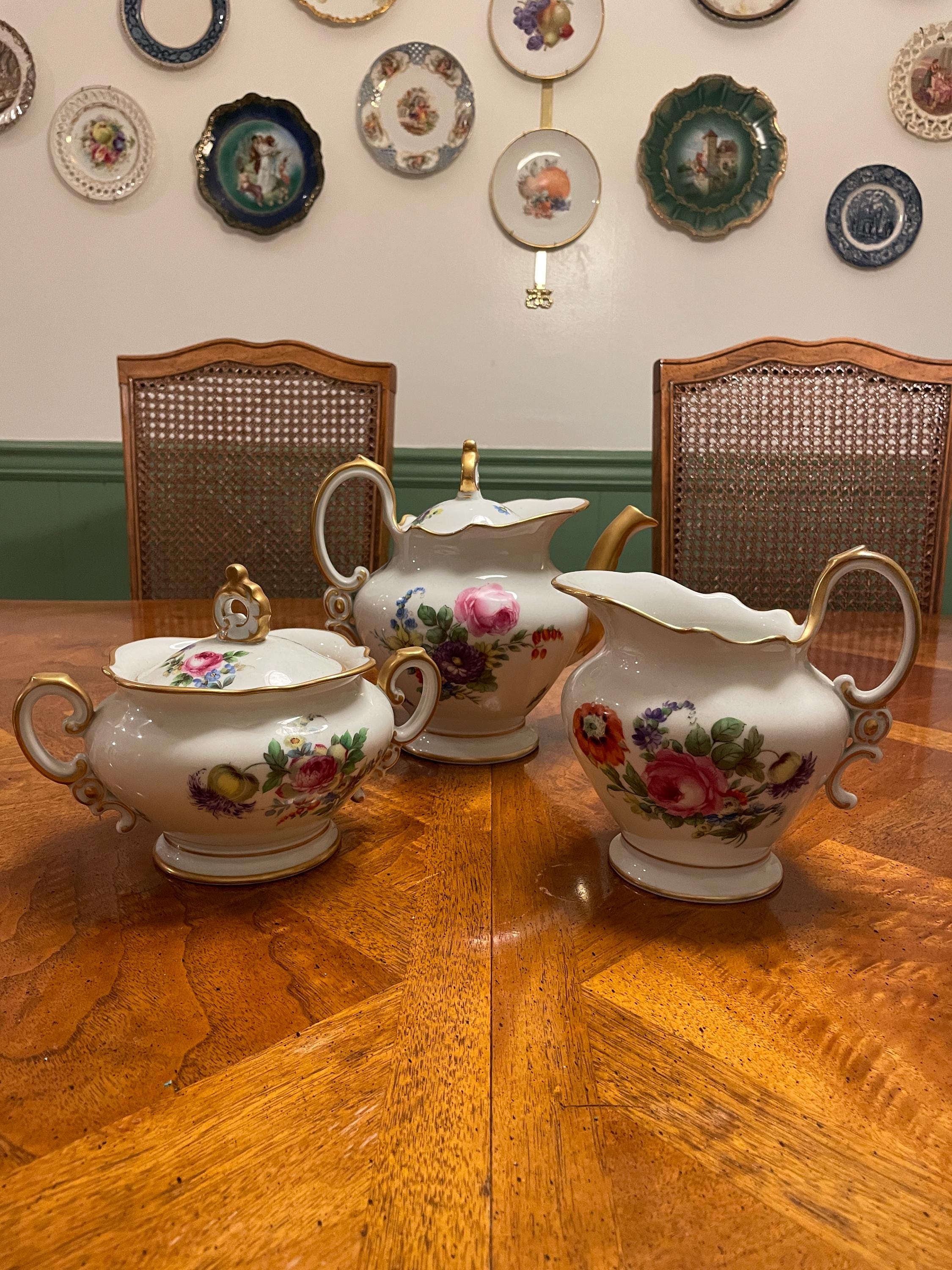 Rosenthal Selb Bavaria Rogalmhoe Floral Teapot Creamer Sugar Bowl Set Gold Trim Vintage German Porcelain Tableware Decoration Gift Idea