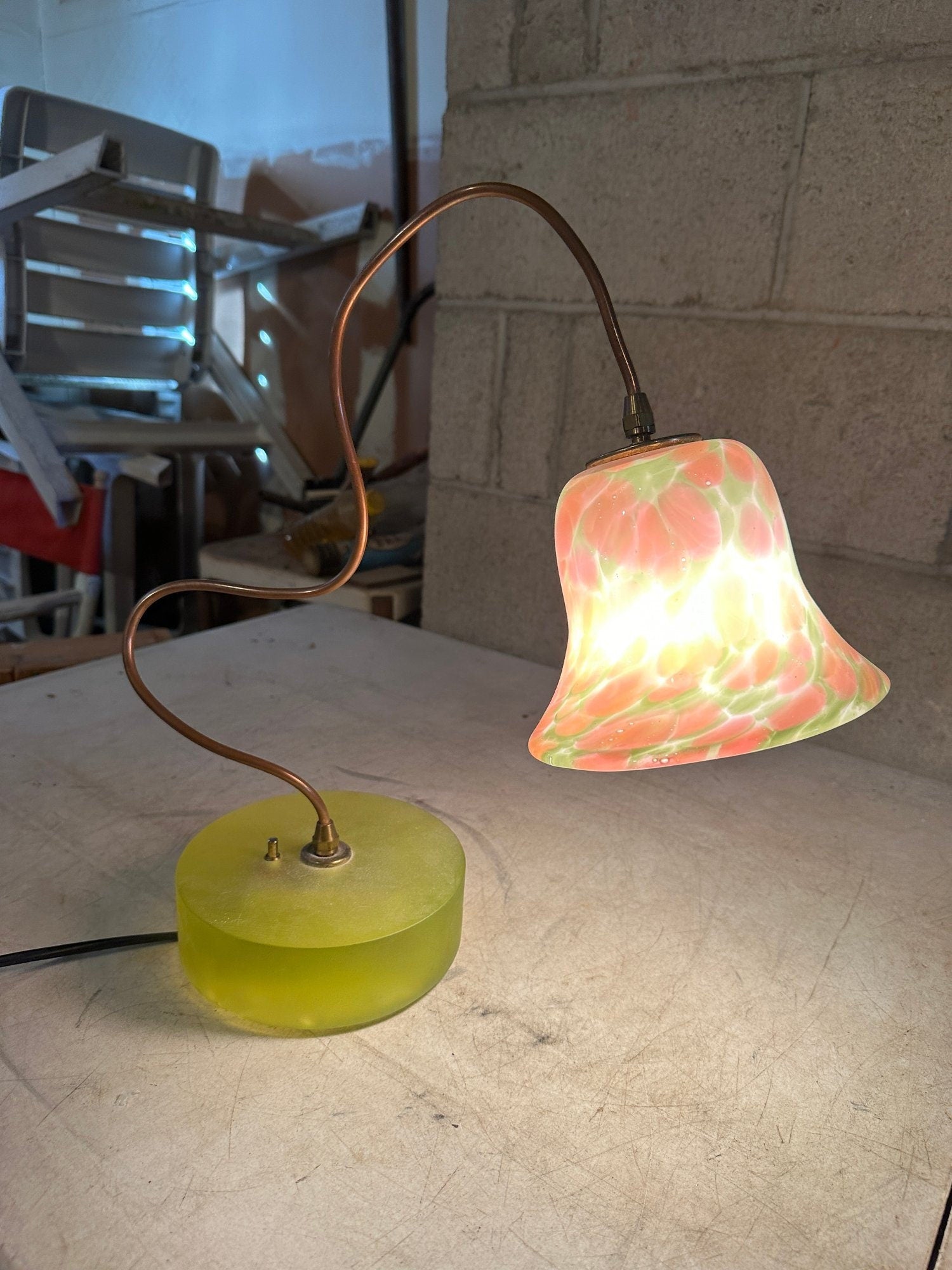 Handcrafted Pink Art Glass Bell Lamp Glowing Chartreuse Base Curvy Brass Arm Vintage Style Accent Retro Desk Home Lighting Decoration